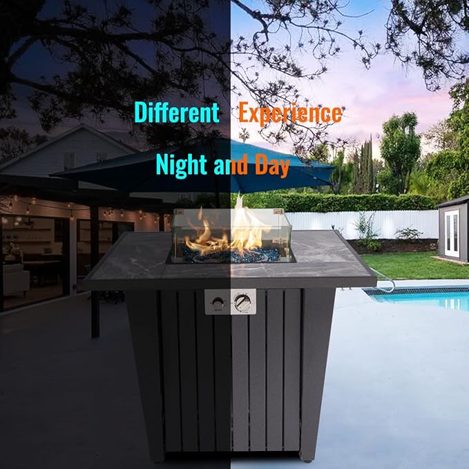 32'' Propane Fire Pit Table Marble Tile Ceramic Tabletop with Glass Wind Guard 50000 BTU Fire Table with Inclined Leg and Art Powder Design Blue Glass Rocks Including Lid&ampCover Grey