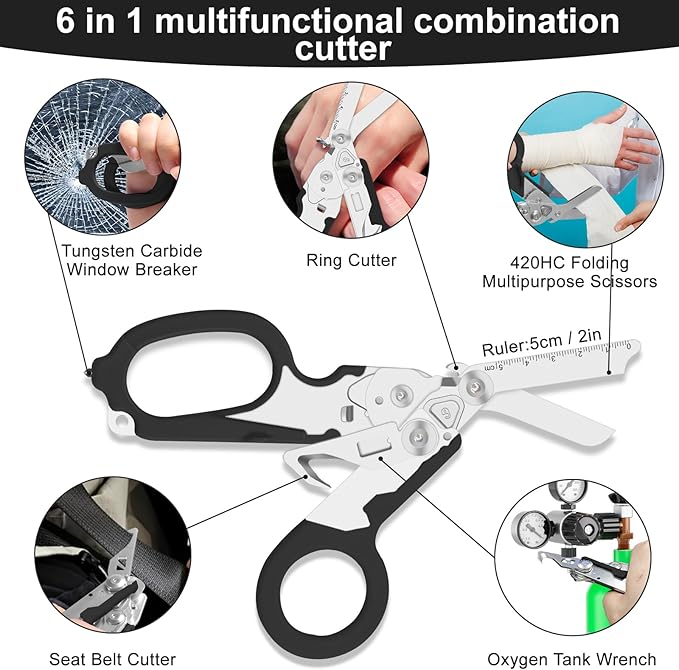 6 in 1 trauma shears Folding Retractable Emergency Shears Outdoor Camping Tools Seat Belt Cutter Oxygen Cylinder Wrench Complimentary Adjustable Wrench (black)