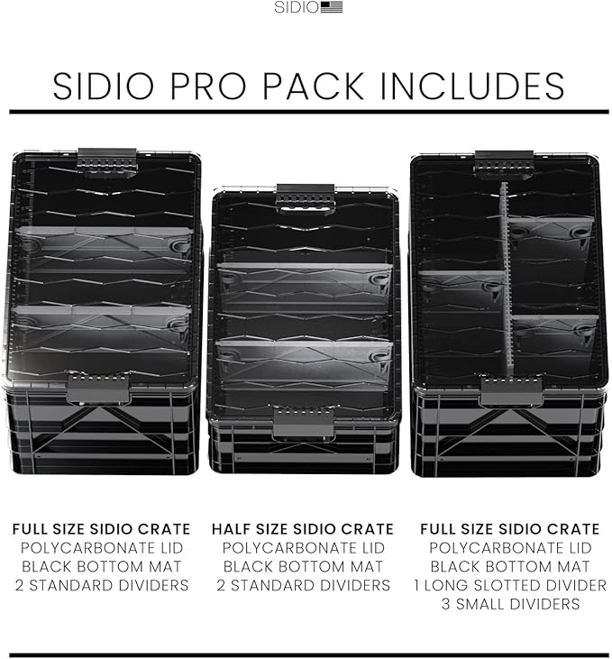 SIDIO Crate Pro Pack - 2 Full-Size &amp 1 Half-Size Heavy Duty Stackable Storage Bins Totes and Containers with Lids and Dividers - Durable Plastic Organizer for Home Office Garage and Outdoor Us
