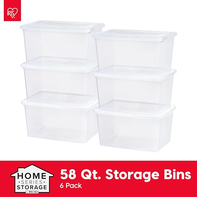 IRIS USA 6-Pack Storage Bins with Lids 58 Quart Clear Stackable Containers Box Organize Shoes Closet Shelves Clothes Blankets Towels - BPA-Free Plastic