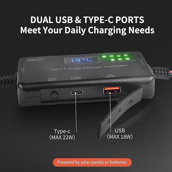 MPPT Solar Charge Controller 12V 10A with Wire Connectors Solar Panel Charge Controller with Type-C and USB Output for Gel AGM LiFePO4 Battery