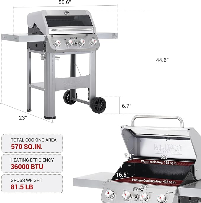 Monument Grills 4-Burner Liquid Propane Gas Grill Silver Stainless Steel Grill Outdoor Patio Garden Barbecue Grill with Clearview® Lid and One Foldable Shelf Mesa400MF