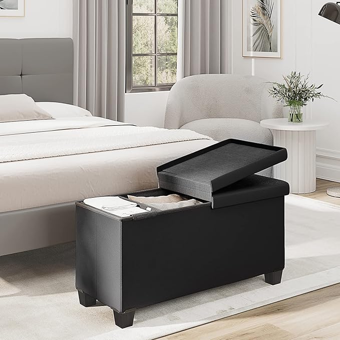 Storage Ottoman Bench with Storage Bins 30-in Storage Bench for Bedroom End of Bed Folding Foot Rest Ottoman with Storage for Living Room Storage Chest Max 660lbs Faux Leather Ottoman Black