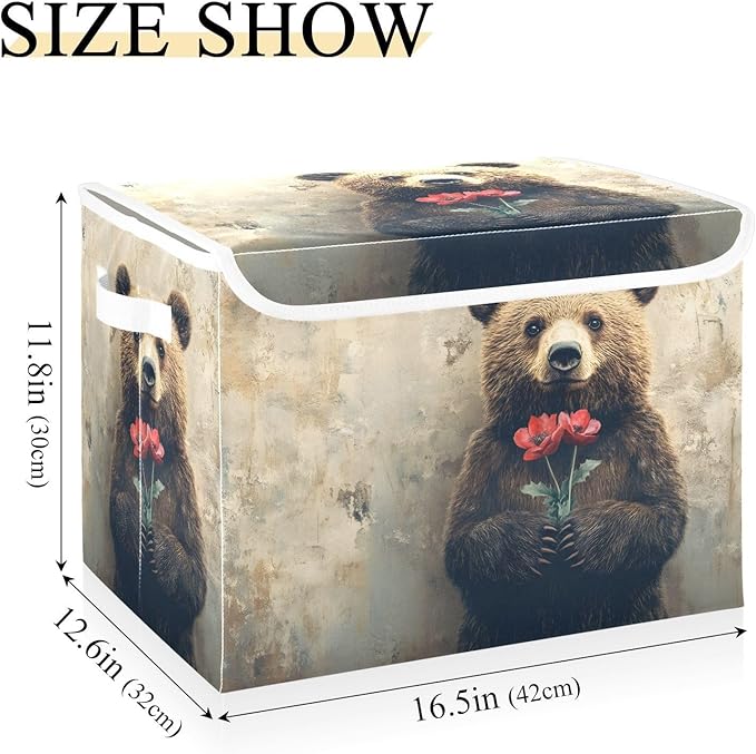 AIXIWAWA Lidded Storage Cube (Bear Valentine) Fabric Foldable Closet Bins with Flip Lid and Handles Organizer Basket Container 16.5 x 12.6 x 11.8 IN