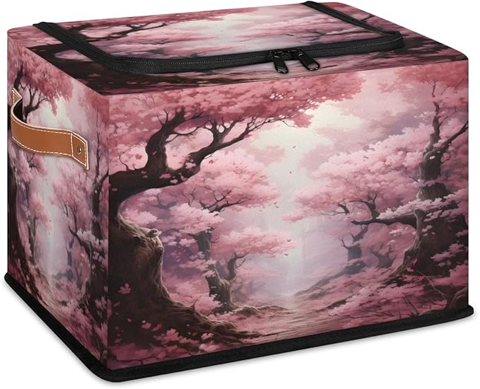 KOBLEN Pink Cherry Blossoms Storage Basket Collapsible Rectangular Storage Bins with Zipper Lid Handle Closet Shelf Cloth Organizer Basket for Nursery Bedroom Clothes Toy