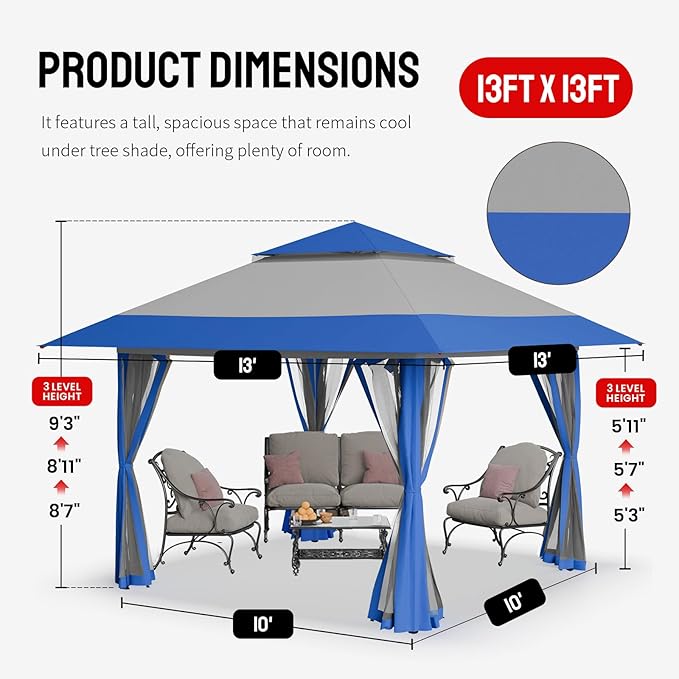 CROWN SHADES 13x13 Pop Up Gazebo Canopy Tent Gazebos on Clearance - Outdoor Gazebo for Backyard &amp Patio Furniture - Carpa Pop Up Tent with Wheeled STO-N-Go Cover Bag (Blue &amp Grey)