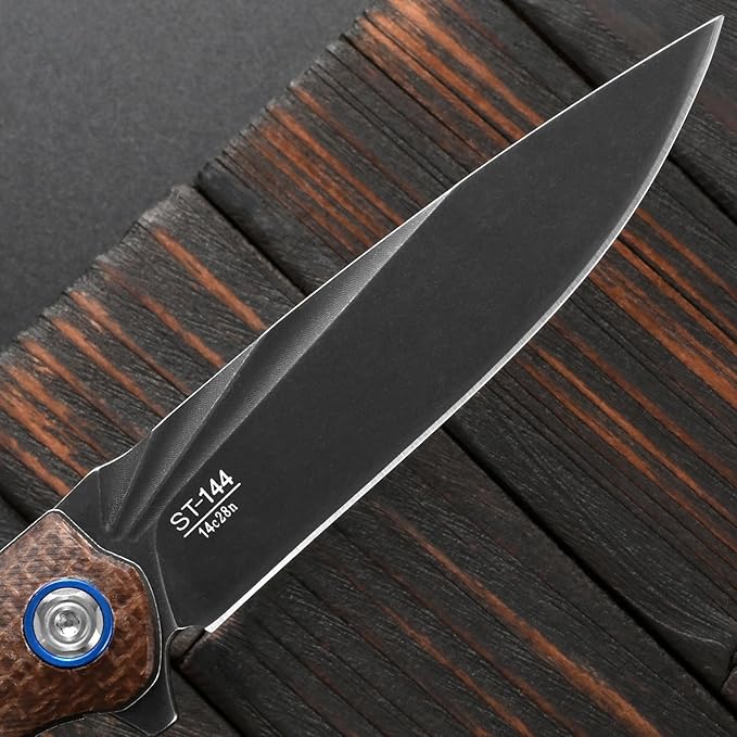 Sitivien ST144 Folding KnifeBlack Stonewashed 14C28N Steel BladeMicarta Handle Pocket Knife for Outdoor EDC CampingSurvivalHikingFishing(Brown)