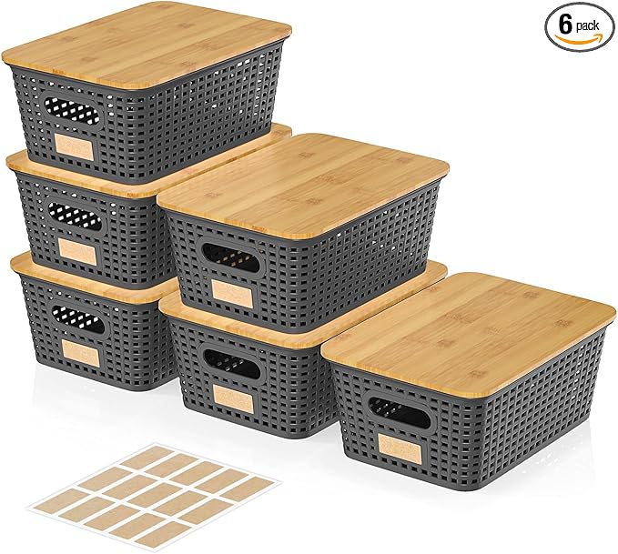 6Pcs Storage Bins with Lids Stackable Plastic Storage Basket with Bamboo Lid Pantry Organizer Box Small Containers for Organizing Shelves Drawer Desktop Closet Cabinet Office Classroom 10x7.1x4.1in
