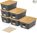 6Pcs Storage Bins with Lids Stackable Plastic Storage Basket with Bamboo Lid Pantry Organizer Box Small Containers for Organizing Shelves Drawer Desktop Closet Cabinet Office Classroom 10x7.1x4.1in