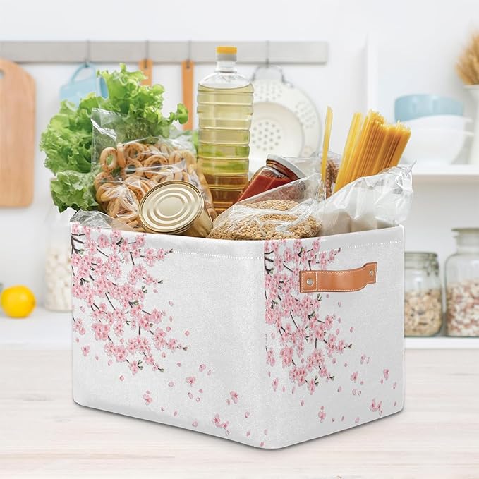 Basket Storage Bins Japanese Cherry Blossoms Rectangle Cube Basket Box Kids Girls Boys Toys Organizer Beaket Decor Foldable with Handle for Living Room Bedroom Closet Nursery Office Shelf Gifts