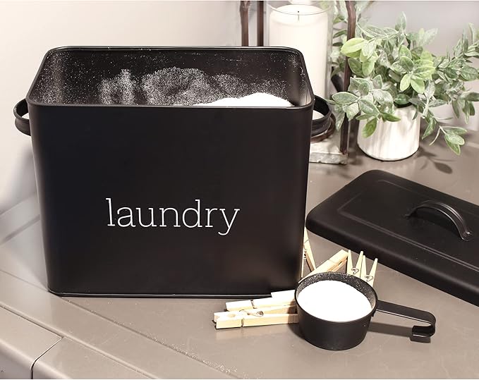 AuldHome Design Enamelware Laundry Powder Container (Black) Enamelware Detergent Bin w/ Scoop