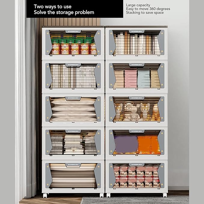 Stackable Storage Bins with Lids Magnetic Suction Folding Storage Containers with Wheels Closet Organizers and Storage with Snap Lock for Home (5 Layers)