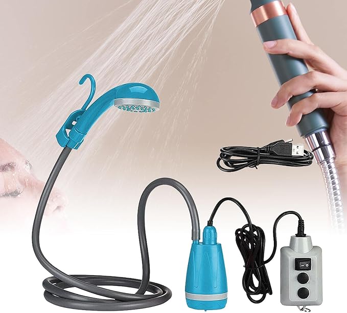 Camping Shower with Electric Pump for Outdoor Use USB Rechargeable Blue