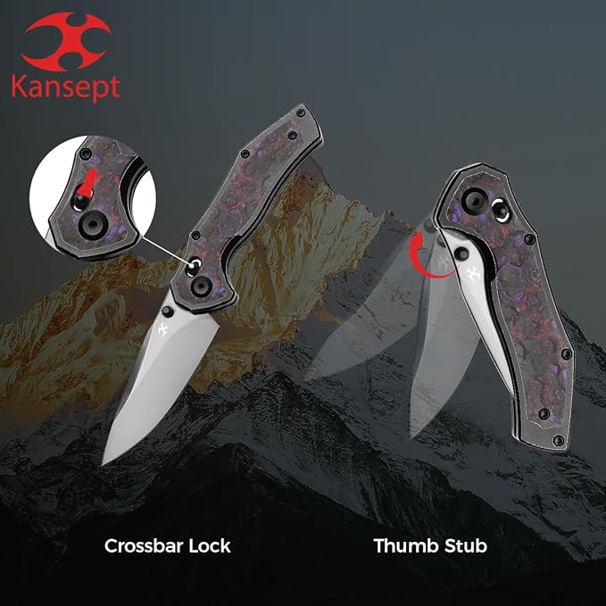 KANSEPT Apollo Pocket Knive 3.11Mirror DLC CPM S35VN Blade Blackwash Titanium inlaid Purple Haze Fatcarbon Handle with Thumb Stud Cross Bar Lock Folding for Men WomenCamping Hiking Knives K2107V4