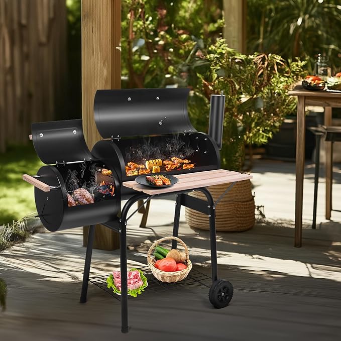 Outvita BBQ Charcoal Grill Outdoor Patio Barbecue Cooker with Offset Smoker Wheels and Tray for Balcony Picnics Party and Camping