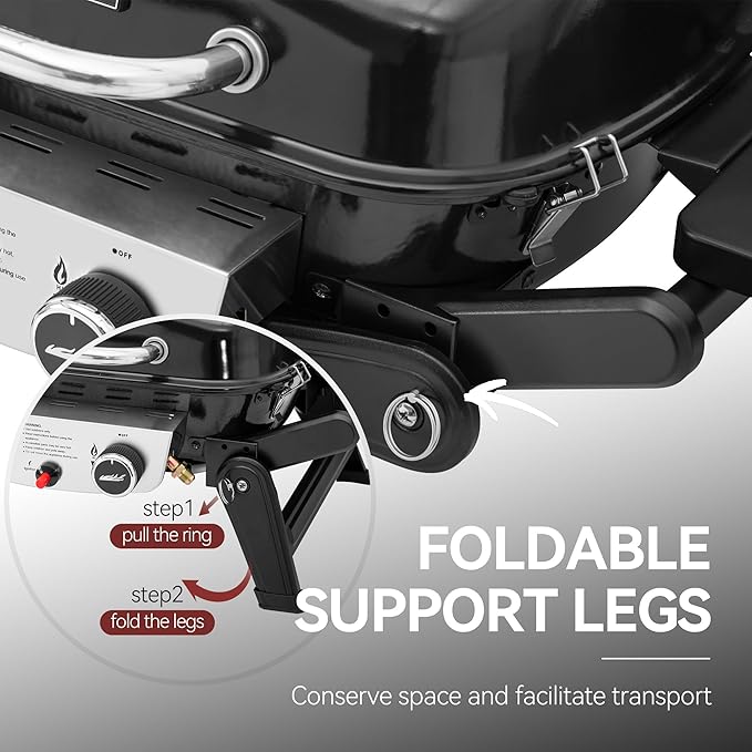 Royal Gourmet GT2005 2 Burner Portable Propane Gas Grill with Foldable Side Tables &amp Foldable Support Legs Tabletop Gas Grill with Warming Rack for Outdoor Cooking &amp Grilling Black