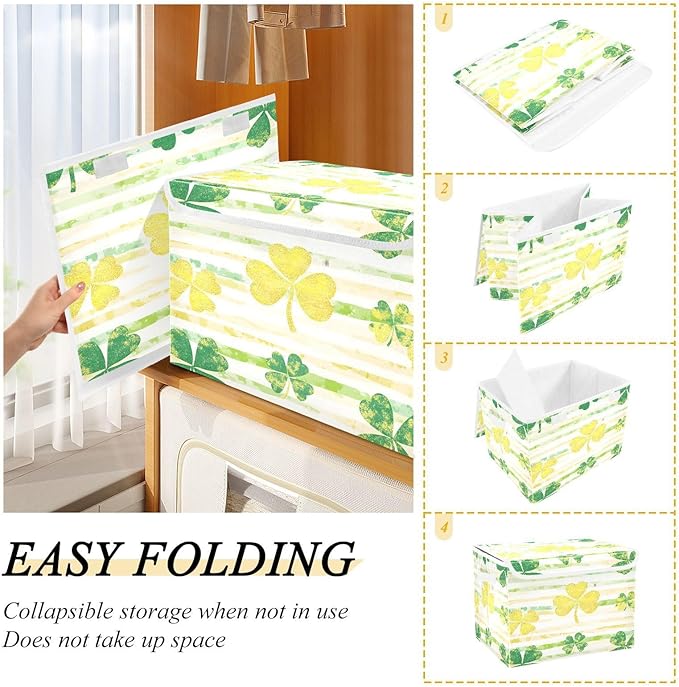 St. Patrick's Day Storage Baskets with Lids Shamrock Collapsible Bins Stackable Fabric Linen Baskets Closet Organizer Container 16.5x12.6x11.8