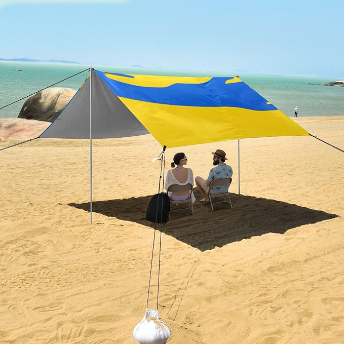 Ukraine Flag Elements Stable Beach Tent UPF50+ Easy Setup Large Sun Shelter with Sand Shovel for Backyard and Camping