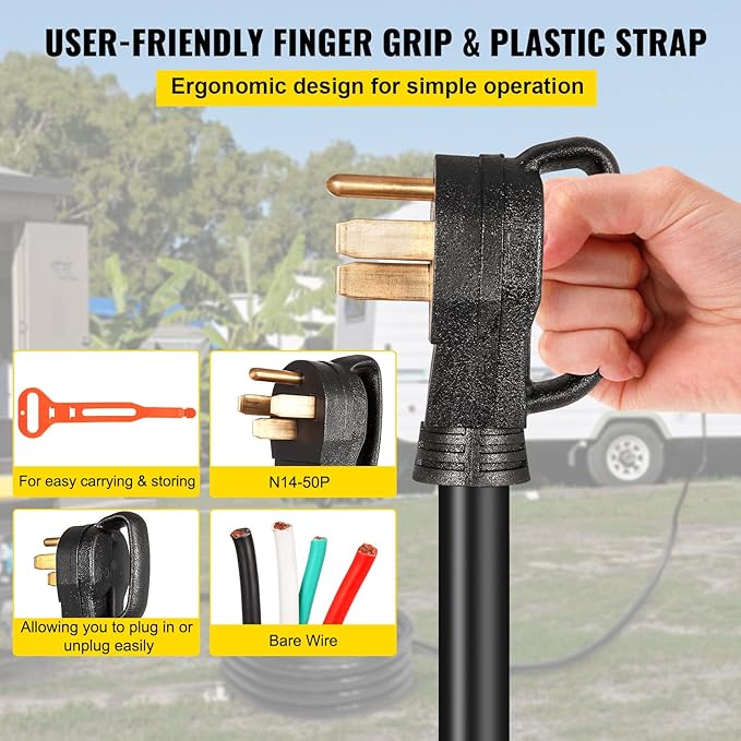 VEVOR 30 ft 50A RV Power Cord 6/3 + 8/1 AWG Generator Cable with NEMA 14-50P to Bare Wire Heavy-Duty Flexible for RV Camper and Outdoor Generator Connections