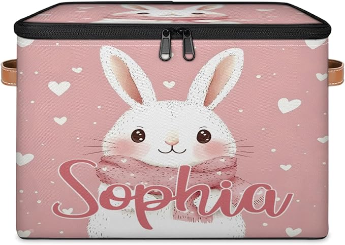 Custom Storage Basket with Name Personalized Storage Bins with Zipper Lid Foldable Fabric Storage Box Large capacity with Handle Scarf Bunny