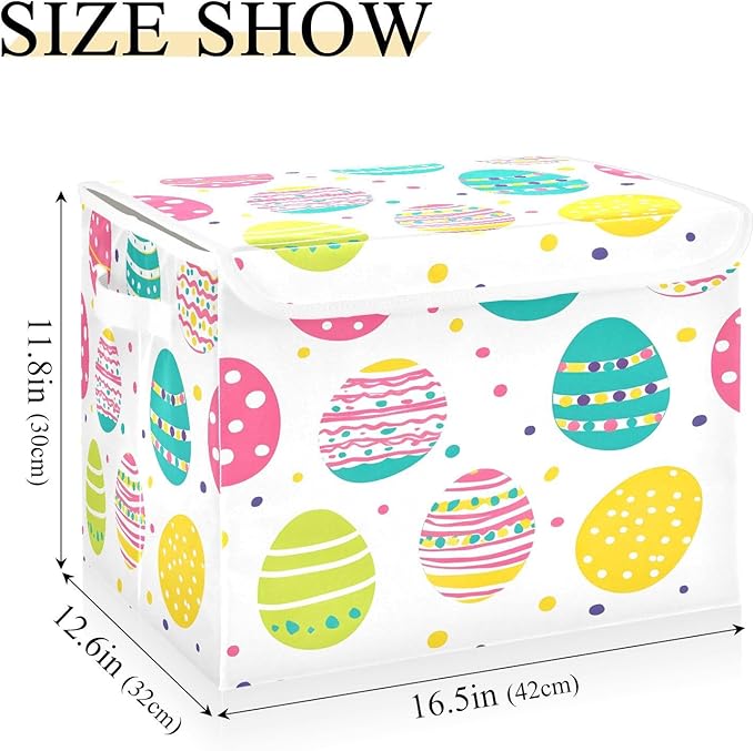Storage Baskets with Lids Colorful Easter Eggs Collapsible Bins Stackable Fabric Linen Baskets Closet Organizer Container 16.5x12.6x11.8