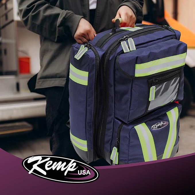 Kemp USA Premium Ultimate EMS Backpack for Men - Tactical Backpack Made with 1680 Denier Nylon - First Aid Kit EMS Bag with Multiple Pockets and Pouches - with D Tank Cylinder Straps (Premium Navy)