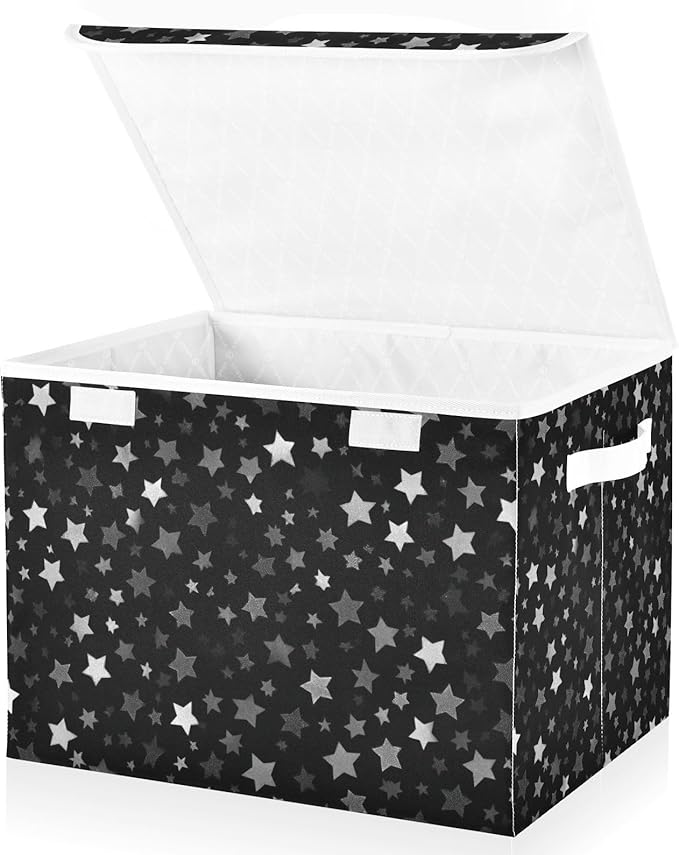 Storage Bins with Lids Storage Containers Box Organizer Bin Basket with Handles for Closet Shelves Clothes Stackable Foldable Decorative Cute Silver and Gray Stars