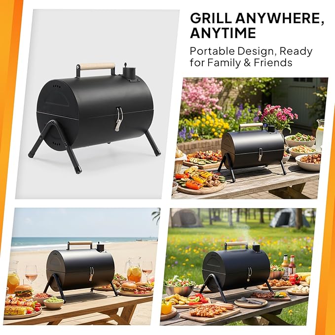 VINGLI Portable Double Sides Charcoal Grill Thermometer &amp Wooden HandleStorage Bag Multi-functional Metal Compact Tabletop BBQ Outdoor Charcoal Grill for Camping Travel Picnic Patio