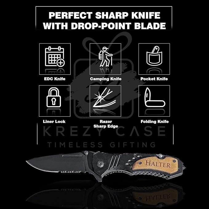 Premium Laser Engraved Folding Pocket Knife Wooden Handle and Gift Box Foldable Camping Knife for Dad Fathers Day