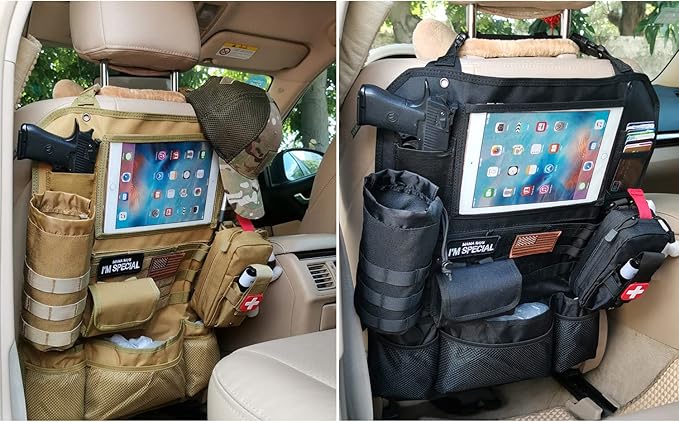 Upgrade Tactical Seat Back Organizer Molle Car Seat Organizer with 4 Detachable Pouches: Trauma Medical Pouch Water Bottle Pouch Vehicle Protector Organizers (Modern B Black)