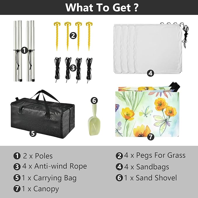 xigua Wildflowers Beach Tent Sun Shelter with Carrying Bag - Silver Coated Oxford Fabric Beach Canopy for Beach Camping Fishing - Includes Windproof Ropes Sandbags &amp Stakes