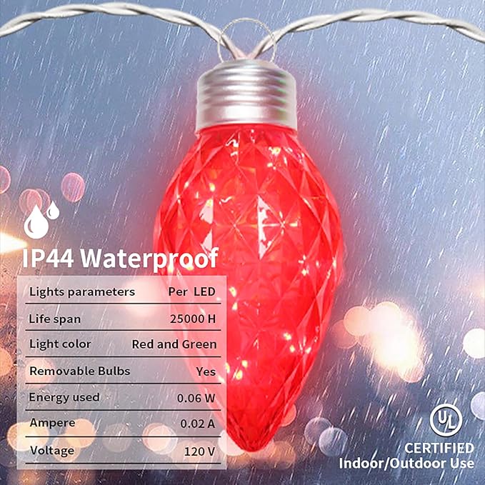 Red and Green Jumbo C9 Christmas Lights - 4 Bulbs 60 LED Giant C9 Outdoor Hanging String Lights for Tree Porch Gazebo Eave Decorations 12 Feet White Wire Connectable Red and Green - Twinkling