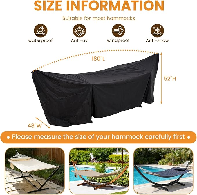 Lazy Daze Hammocks 420D Oxford Waterproof Hammock and Stand Cover All-Weather Outdoor Protector with Securing Buckles Straps &amp Elastic Rope UV and Dust Resistant Fits 13-15FT Stands Black