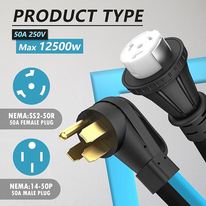 50 Amp 50 Feet RV Extension Cord 14-50P to SS2-50R Heavy Duty STW Generator Extension Cord for RV Camper and Generator to House with Locking Connector ETL Listed (Black&ampBlue)