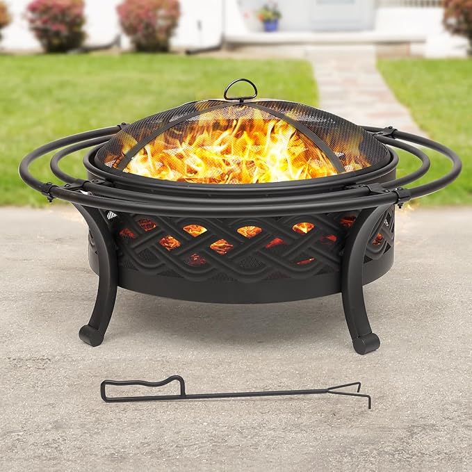 Panovue 36 Inch Fire Pit with 2 LoopsCrossweave Wood Burning Fire Pits for Outsidewith Spark ScreenFire PokerRound Outdoor Firepit for PatioYardGardenCampingBonfire(36''Black)