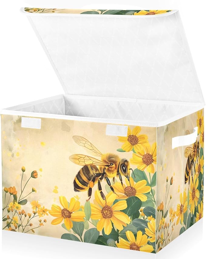 MNSRUU Containers Baskets with Lids Honey Bee Foldable Storage Bins Organizer with Lid Collapsible Storage Boxes for Home Bedroom Closet Office
