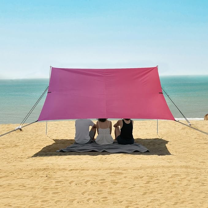 Purple Red Gradient Beach Cabana Tent UPF50+ Protection Waterproof Sun Shelter with Sandbags &amp Sand Shovel for Camping Picnics Backyard &amp Fishing