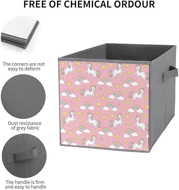 Collapsible Storage Box with Handles Cute Pink Unicorns Multi-Purpose Foldable Cube Bin for Pantry Garage Bathroom Quick-Fold Design for Easy Storage