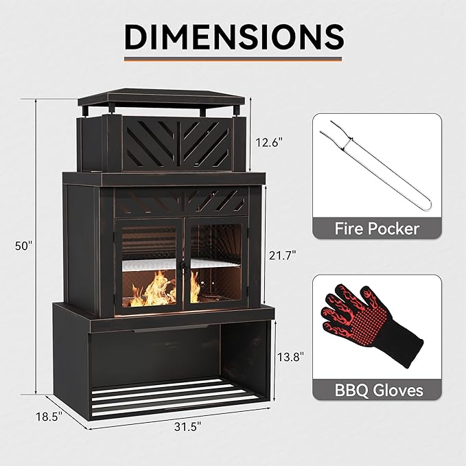 31.5 Outdoor Wood Fireplace with Chimney and Wood Storage Fireplace with Fire Pocker BBQ Grill &amp Gloves Outside Removable Fire Pit for Patio Garden and Deck Black