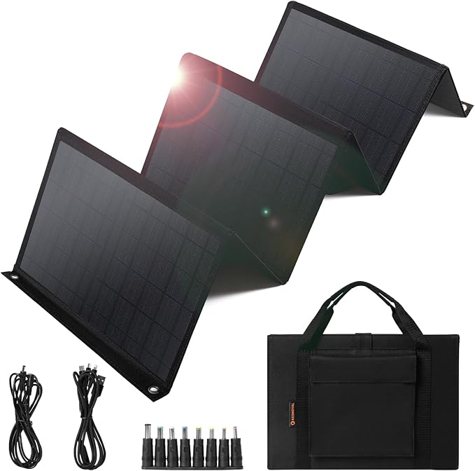 Portable Solar Panel – 60W Foldable Solar Panels with 5V USB and 18V DC for CampingCell PhoneTablet and 5-18V Devices – Compatible with Solar Generators Power Stations