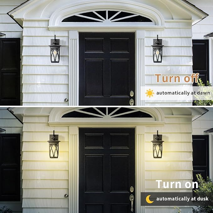 JYZ Dusk to Dawn Outdoor Wall Lantern Craftsman Style Exterior Sconce Light with Water Ripple Glass Traditional Porch Light Fixture Wall Mount Lamp for Front Porch Doorway Garage Patio Garden 14''