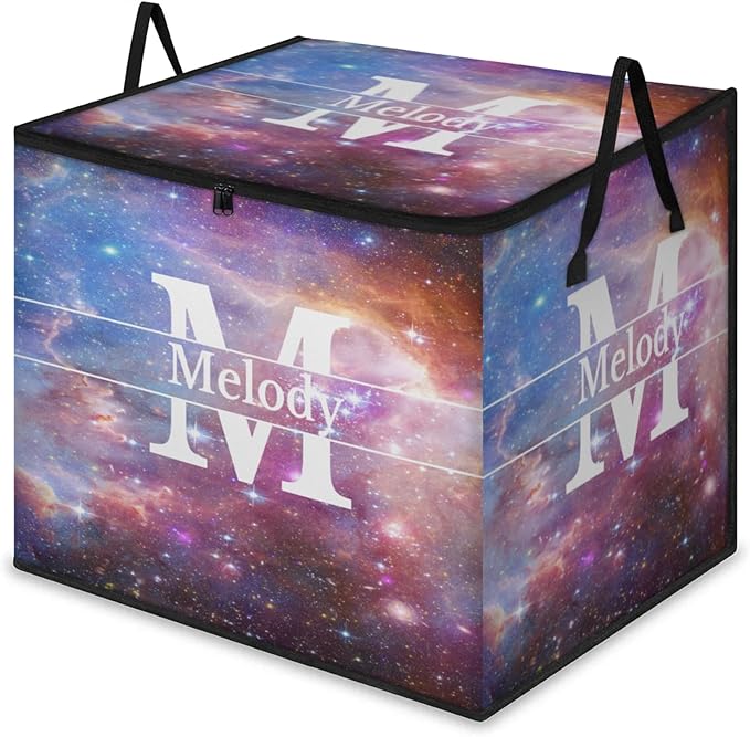 Custom Name Large Clothes Storage Organization with Lids Kids Toys Bin Shelf Basket Bedding Clothes Storage Bin for Nursery Gift Basket Space Universe Galaxy Background with Initial Letter