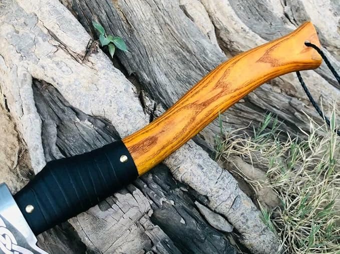 12 Inches Length || Carbon Steel Viking Axe || Viking Axe || Bearded Axe || Wooden Handle || Engraved Design Axe || Medieval Style || Collectible Axe || Leather Sheath.
