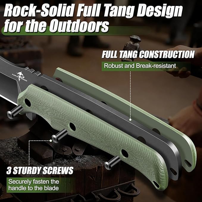 Purple Dragon Fixed Blade Knife - Full Tang Hunting Knife Forged from a Single Piece of D2 Steel - Camping Knives with G10 Handle and Kydex Sheath - Outdoor Gift for Men - Green