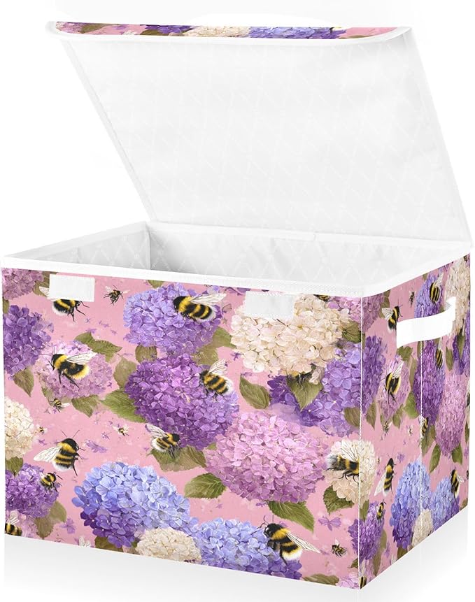 Storage Bins With Lid Stackable Fabric Closet Organizer Clothing Storage Large Boxes For Closet Shelves Bedroom Purple Bees and Hydrangeas