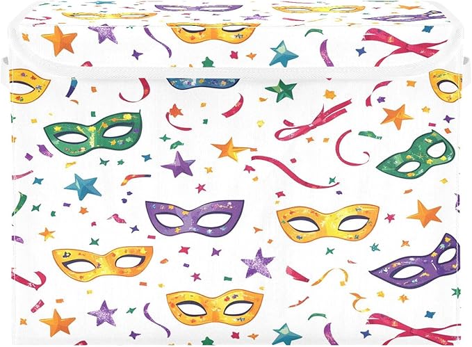 Doodle Mardi Gras Mask Pattern Foldable Storage Baskets Fabric Boxes with Handle Organizers with Flip-Top Lids Storage Bins for Home Bedroom Office