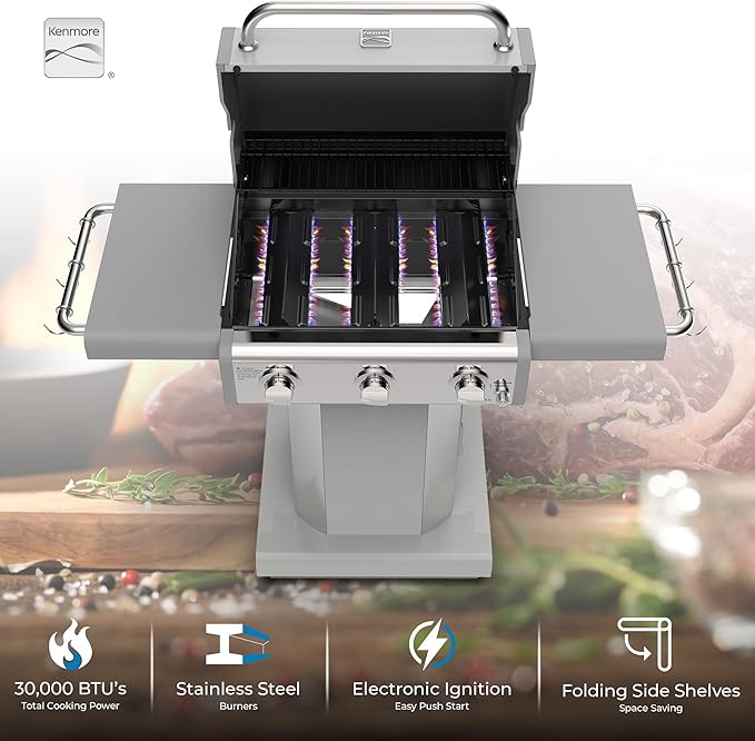 Kenmore 3-Burner Outdoor BBQ Grill | Liquid Propane Barbecue Gas Grill with Folding Sides PG-A4030400LD-PE Pedestal Grill with Wheels 30000 BTU Pearl White