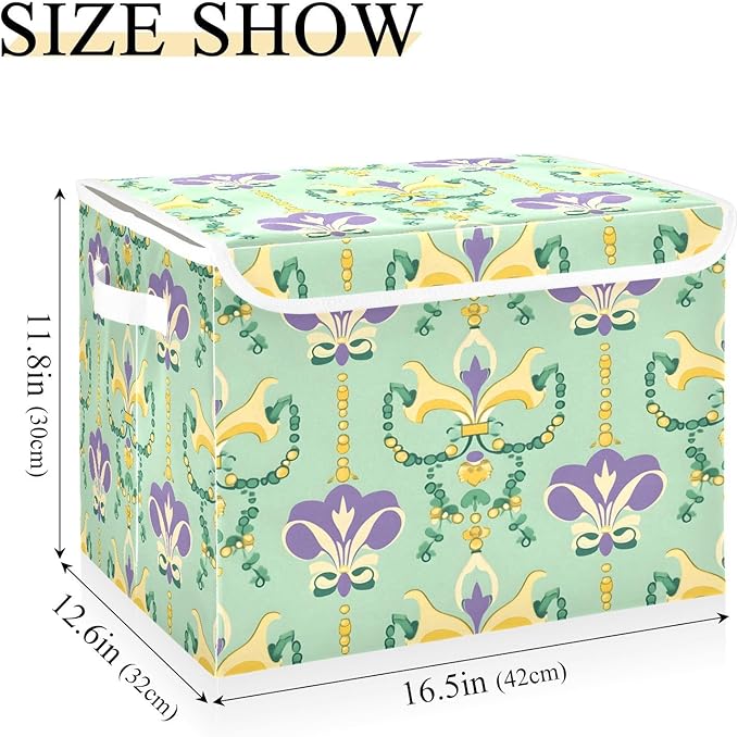 Mardi Gras Storage Baskets with Lids Collapsible Bins Stackable Fabric Linen Baskets Closet Organizer Container for Decorations 16.5x12.6x11.8