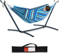 PNAEUT Double Hammocks with Stand for Outside Portable Space Saving Heavy-Duty Steel Stand for Indoor Outdoor Patio with Carrying Bag 450 lbs Capacity (Blue Lagoon)