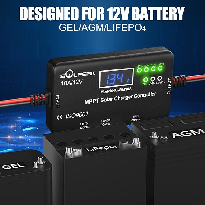 SOLPERK MPPT 10A 12V Solar Charge Controller with LCD Display Solar Panel Charge Controller with Type-C and USB Output for Solar Panel Regulator Gel AGM Lead-Acid Lithium LiFePO4 Battery